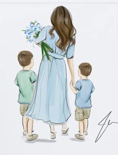 a drawing of a woman and two boys holding hands with flowers in front of them