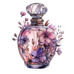 a pink and purple bottle with flowers on the top is sitting in front of a white background