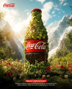 a coca - cola bottle is surrounded by flowers and greenery in front of mountains