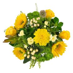 a bouquet of yellow flowers and green leaves