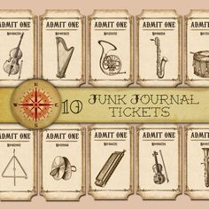 an old style poster with various musical instruments on it's sides and the words, junk journal tickets