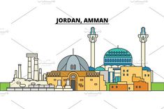 the skyline of jordan, an islamic country with blue dome and minalis in the background