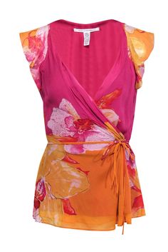 Current Boutique-Diane von Furstenberg - Fuchsia & Orange Floral Print Silk Wrap Blouse Sz 4 Silk Blouse For Spring Vacation, Vibrant Floral Print Blouse For Vacation, Vibrant Floral Print Blouse For Beach, Vibrant Floral Print Beach Blouse, Summer Silk Printed Tops, Pink Printed Silk Blouse, Vibrant Summer Beach Blouse, Pink Silk Blouse With Floral Print, Silk Pink Floral Print Blouse