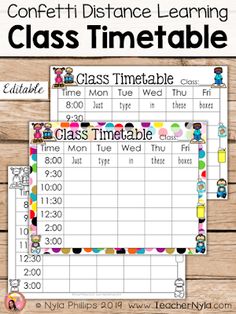 a printable class timetable with colorful dots on it and the text, confetti distance learning class timetable