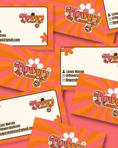 six business cards with flowers on them in pink and orange colors, each featuring an image of the company's logo