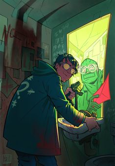 a man in a green hoodie is looking into a mirror with an alien on it