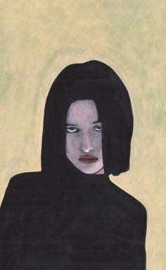 a painting of a woman wearing a black hoodie with her eyes closed and hands on her hips