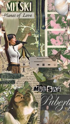 the collage is made up of many different pictures and words, including an image of a woman with her hands in the air