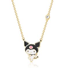 Embrace the edgy yet adorable charm of Kuromi with our Crystal Kuromi Pendant Necklace! Crafted with attention to detail and featuring a gleaming 18 inch yellow gold plated chain, this necklace showcases the beloved Sanrio character Kuromi adorned with sparkling crystals. Whether you're a long-time fan or new to Kuromi's rebellious spirit, this necklace adds a touch of attitude to any outfit. Perfect for expressing your unique style or as a gift for fellow Sanrio enthusiasts. Elevate your access Kuromi Necklace, Mischievous Character, Hello Kitty Gifts, Personalized Gold Necklace, Hello Kitty Jewelry, Hello Kitty Sanrio, Pink Skull, Cat Pendants, Cat Necklace