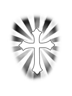 a black and white image of a cross on a sunburst with rays in the background