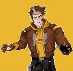 a drawing of a man in a yellow jacket with his hands out to the side