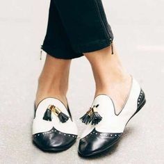 Step into classic elegance with our Black and White Flat Women's Loafers. These wingtip shoes feature tassels, a round toe, and a timeless design for a sophisticated look that effortlessly combines style and comfort. Color: Black and white Toe: Closed toe Tassels embellishment Handcrafted US sizing. Fits true to size. High Hills, Black And White Flats, Zsazsa Bellagio, White Loafers, Wingtip Shoes, Preppy Chic, White Flat, Women's Loafers, Shoe Obsession