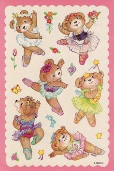 some teddy bears are dancing together on a pink background with flowers and butterflies around them