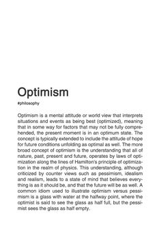 an open book with the words optimism written in black and white on it