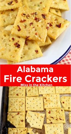 a white plate topped with crackers on top of a table