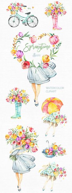 watercolor illustrations of flowers, umbrellas and hats with the words spring written on them