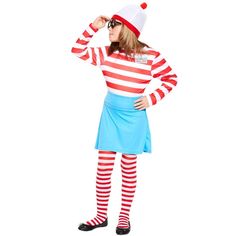 a woman in a red and white striped costume