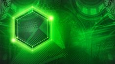 a green background with an abstract hexagonal shape and neon lights in the center