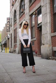 Crop lace top and black culottes outfit for this summer Black Trousers Outfit Casual, Trousers Outfit Casual, Black Trousers Outfit, Career Girl Daily, Cropped Wide Leg Trousers