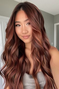 Brown Balayage With Red Tones, Asian Red Highlights, Red And Highlights Hair, Two Tone Highlights For Brown Hair, Red Highlights In Brown Hair Natural, Brown Hair With Light Red Highlights, Auburn Face Framing Highlights, Soft Red Highlights In Brown Hair, Red Brown Hair Highlights