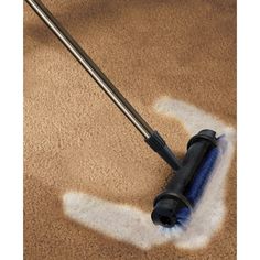 a person vacuuming the carpet with a blue mop