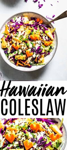 two bowls filled with coleslaw and carrots on top of a white table