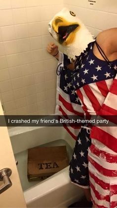 an eagle is standing in front of a bathtub with the caption, i crashed my friend's british - themed party