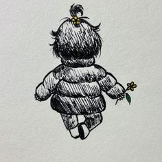 a drawing of a teddy bear holding a flower