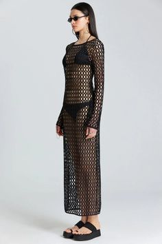 Fishnet Long Dress – 9Teen Boutique Cool Silhouettes, Long Sleeve Design, Dress Cover, Beach Days, Sleeve Designs, Bathing Suits, Long Dress, Cover Up, Boutique