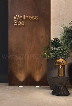 the entrance to a spa with potted plants and a sign that reads'wellness spa '