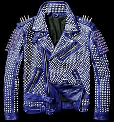 Men Blue Full Silver Studded Brando Biker Cowhide Leather Belted JacketStudded Jacket made with 100 % Genuine Top Quality Cowhide Leather Multi cor StuddedHigh-Quality Studs. Each securely added by hand Cropped, Vintage - Inspired / Moto / Fit0.9 to 1.0 MM Cowhide Leather used Soft Real LeatherAll sizes AvailableMake sure to Look at the size chart below before selecting your size.There can be slight difference between the original product and the pictures attached above in followings like: acces Space Jacket, Biker Wear, Steampunk Jacket, Gothic Jackets, Studded Leather Jacket, Trendy Mens Fashion, Biker Outfit, Studded Jacket, Jackets Men Fashion