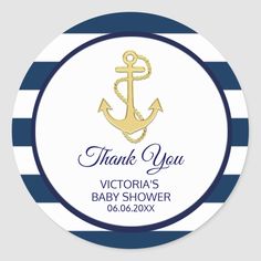 a blue and white striped thank sticker with an anchor on the front, in gold foil