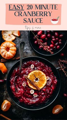 cranberry sauce in a black bowl with orange slices and cinnamon on the side