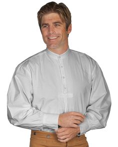 100% cotton. Pleats along front button placket. Band collar. Large, puffy sleeve. Long sleeve. Available in big sizes. White Stripes Band, 1800s Clothing, Mens Western Wear, Banded Collar Shirts, White Tuxedo, Fringe Leather Jacket, Laced Up Shirt, Tuxedo Shirts, Mens Band