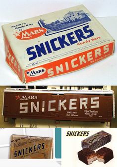 an assortment of old candy bars, including snickkers and smikers from the 1950's