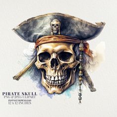 Pirate Illustration, Skull Watercolor, Skull Clipart, Sublimation Stickers, Hat Png, Pirate Hat, Watercolor Png, Pirate Skull, Pirate Hats