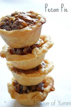 three pecan pies stacked on top of each other with the words pecan pie above them