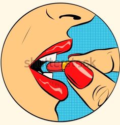 woman's mouth with red lipstick and ring on her finger, pop art style