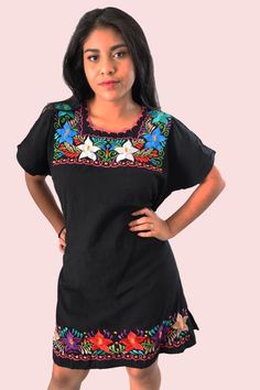 Womens Mexican Dress - Womens Embroidered Dress - Mexican Fiesta Dress - Size Medium - Size Large XL - Vestido Bordado - Vestido MexicanoThis is a beautiful handmade dress from Chiapas, Mexico. The embroidery pattern & colors will vary due to the handmade nature of the dress. If you have any questions or requests please send us a message.Size: MediumMeasurements (approximate):Length: 35 inchesBust: 36 - 40 inchesSize: Large / XLMeasurements (approximate):Length: 35 inchesBust: 42 - 46 inches Traditional Mini Dress With Short Sleeves, Cotton Embroidered Short Sleeve Mini Dress, Black Cotton Embroidered Short Sleeve Dress, Black Cotton Embroidered Dress With Short Sleeves, Embroidered Short Sleeve Mini Dress, Mexican Fiesta Dresses, Mexican Embroidered Dress, Fiesta Dress, Mexican Shirts