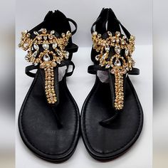 Never Worn Black Jeweled Flat Sandal Size 9. Zip Closure In The Back. Gladiator Wedge Sandals, Jeweled Flats, Beige Sandals, Colored Sandals, Embellished Flats, Black Jewel, Sandals Flat, White Heels, Stiletto Sandals