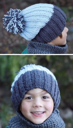 two pictures of a young boy wearing a knitted hat and scarf