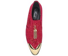 Amali Presents: The Chaz, a unique take on a luxury velvet smoking slipper, featuring luminous flecks, gold chain tassel, and matching gold toe tip. If you’re looking for a plain ordinary smoking slipper The Chaz is not for you. However, if you’re looking to stun the crowd then you’re in the right place! The gleaming flecks accent this man made velvet loafer slip on, so that it always catches the light; and the gold chain tassel and metal tip bring the whole style together to give you the ultima Velvet Loafers Mens, Red Dress Shoes, Gold Glitter Shoes, Tuxedo Shoes, Slip On Dress Shoes, Velvet Loafers, Shoes Stand, Glitter Shoes, Men Loafers