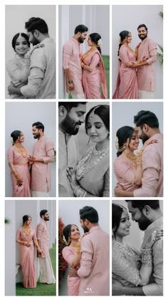 the couple is posing for pictures together in their wedding outfits and pink sarees