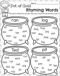 printable worksheet for reading the pot of gold and rhyming words