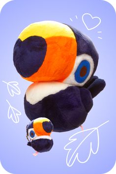 a stuffed animal with an orange and blue bird on it's back, flying through the air