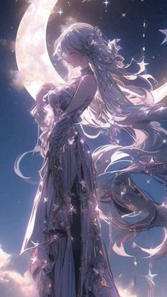 a woman with long hair standing in front of the moon