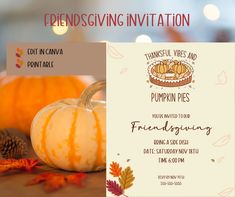 a thanksgiving party flyer with pumpkins and leaves on the table in front of it