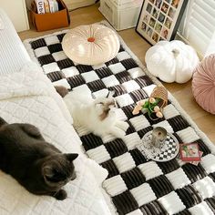 two cats laying on top of a black and white checkered bed spread next to each other