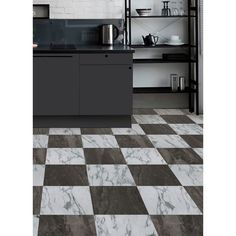 a kitchen with black and white checkered flooring next to a stove top oven