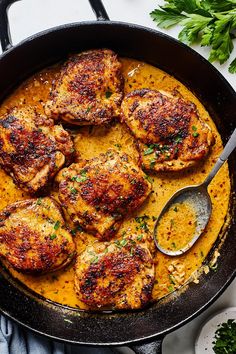 Easy Skillet Chicken Thighs {Juicy!} - Two Peas & Their Pod Chicken Thigh Green Beans, Special Chicken Dinner Recipes, Simple Chicken Thigh Recipes Easy, Skillet Bang Bang Chicken Thighs, Whole Chicken Thigh Recipes, Bonless Chicken Thigh Recipes, Stove Top Chicken Thigh Recipes, Braised Chicken Thigh Recipes, Smothered Chicken Thigh Recipes